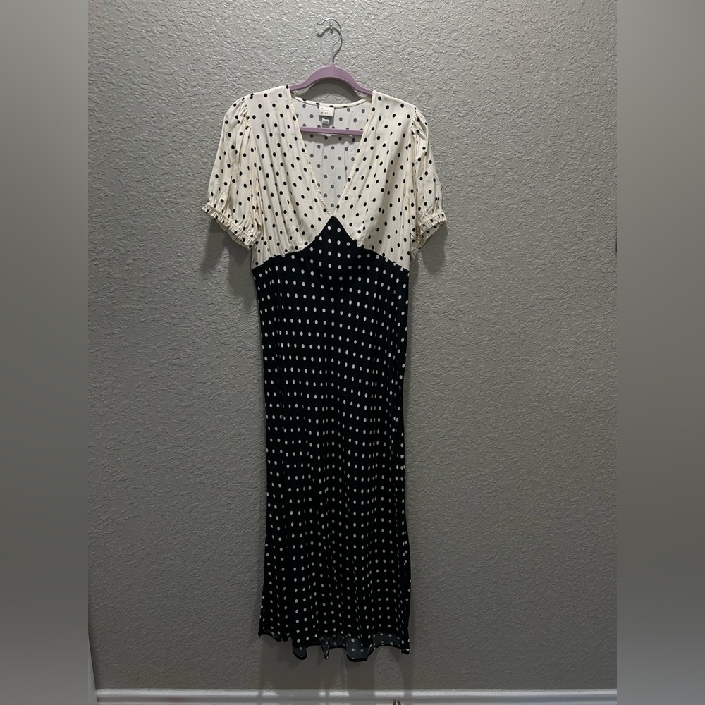 Retro Black & Cream Polka Dot Crepe Puff Sleeve Midi Dress NWOT A New Day